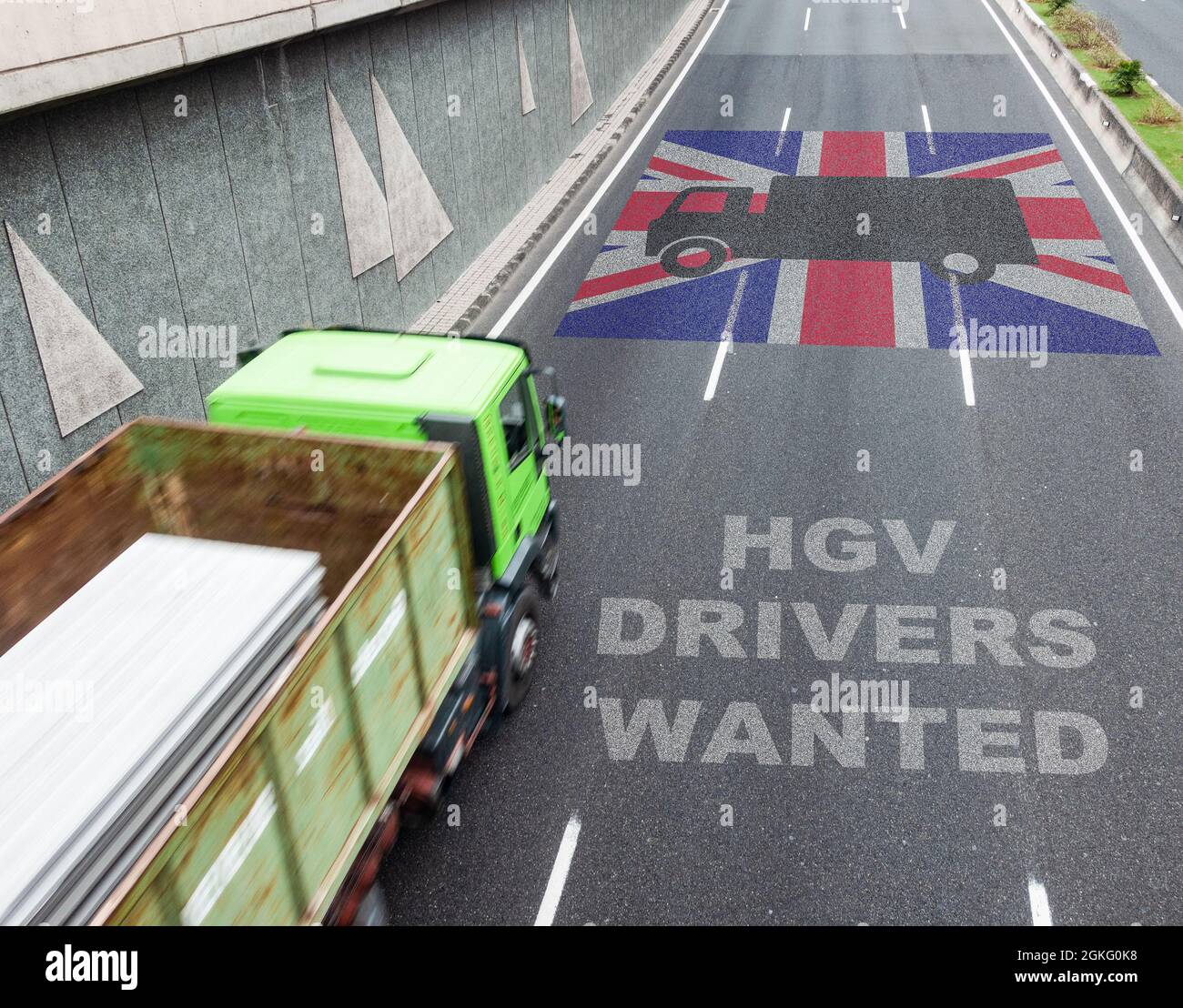 Zusammengesetztes Bild, das den Mangel an LKW-Fahrern in Großbritannien zeigt Stockfoto