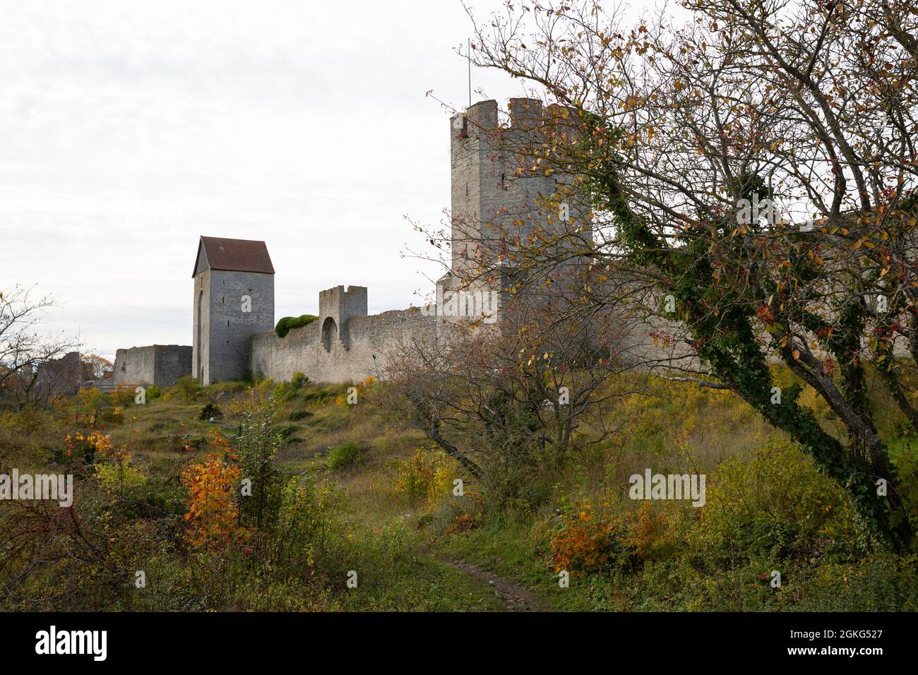 Teil der mittelalterlichen Stadtmauer, Visby ringmur, um die Stadt Visby, Gotland, Schweden Stockfoto