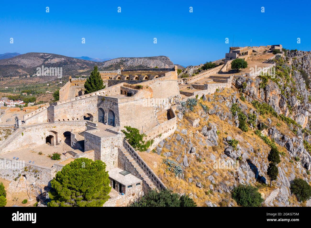 Die Festung Palamidi in Nafplio auf dem Hügel über der Stadt in Griechenland. Stockfoto