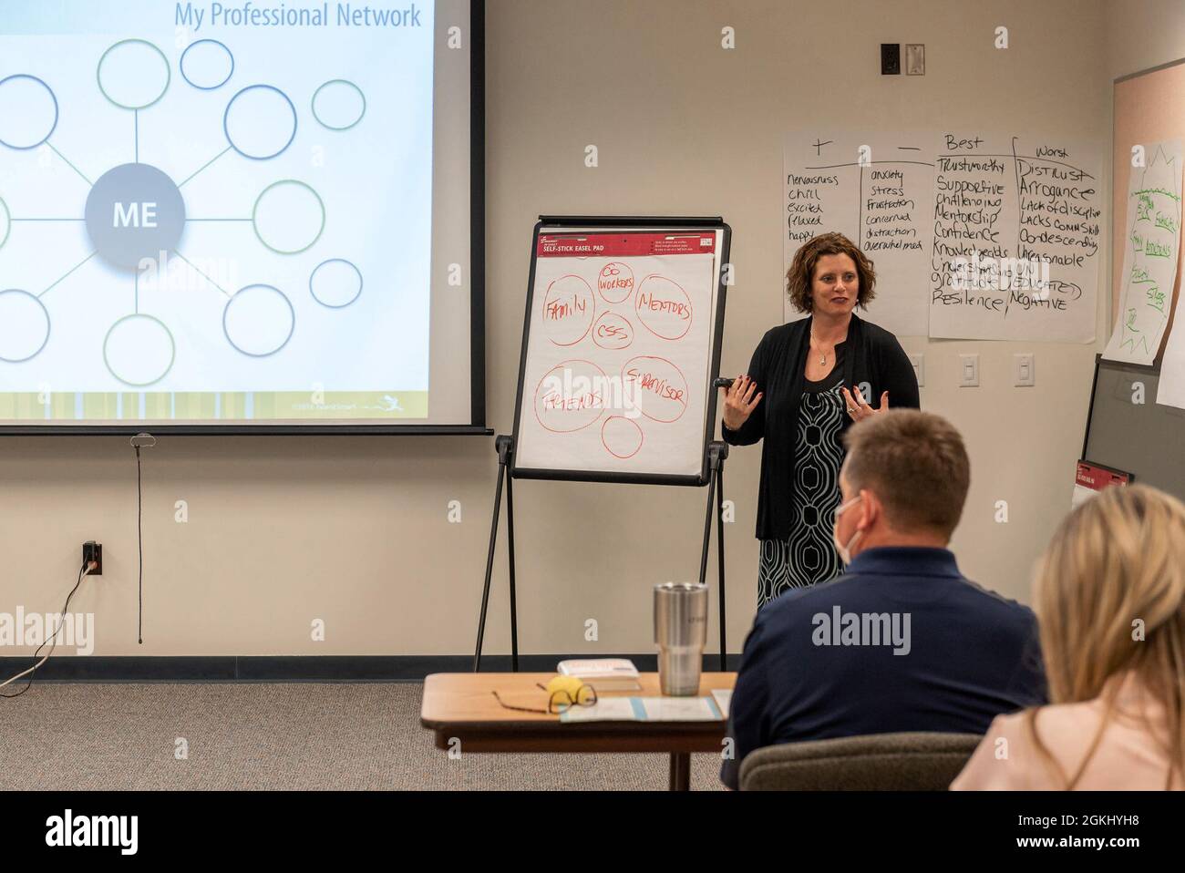 U.S. Air Force Senior Master Sgt. Mindi Anderson, der Personalberater des 124th Fighter Wing, Idaho Air National Guard, führt einen Kurs für emotionale Intelligenz (EQ) für die 182nd Medical Group Airmen in Peoria, Ill., 27. April 2021. Emotionale Intelligenz ist die Fähigkeit von Einzelpersonen, ihre eigenen und die anderer Emotionen zu erkennen, zwischen verschiedenen Gefühlen zu unterscheiden und sie entsprechend zu kennzeichnen. Stockfoto