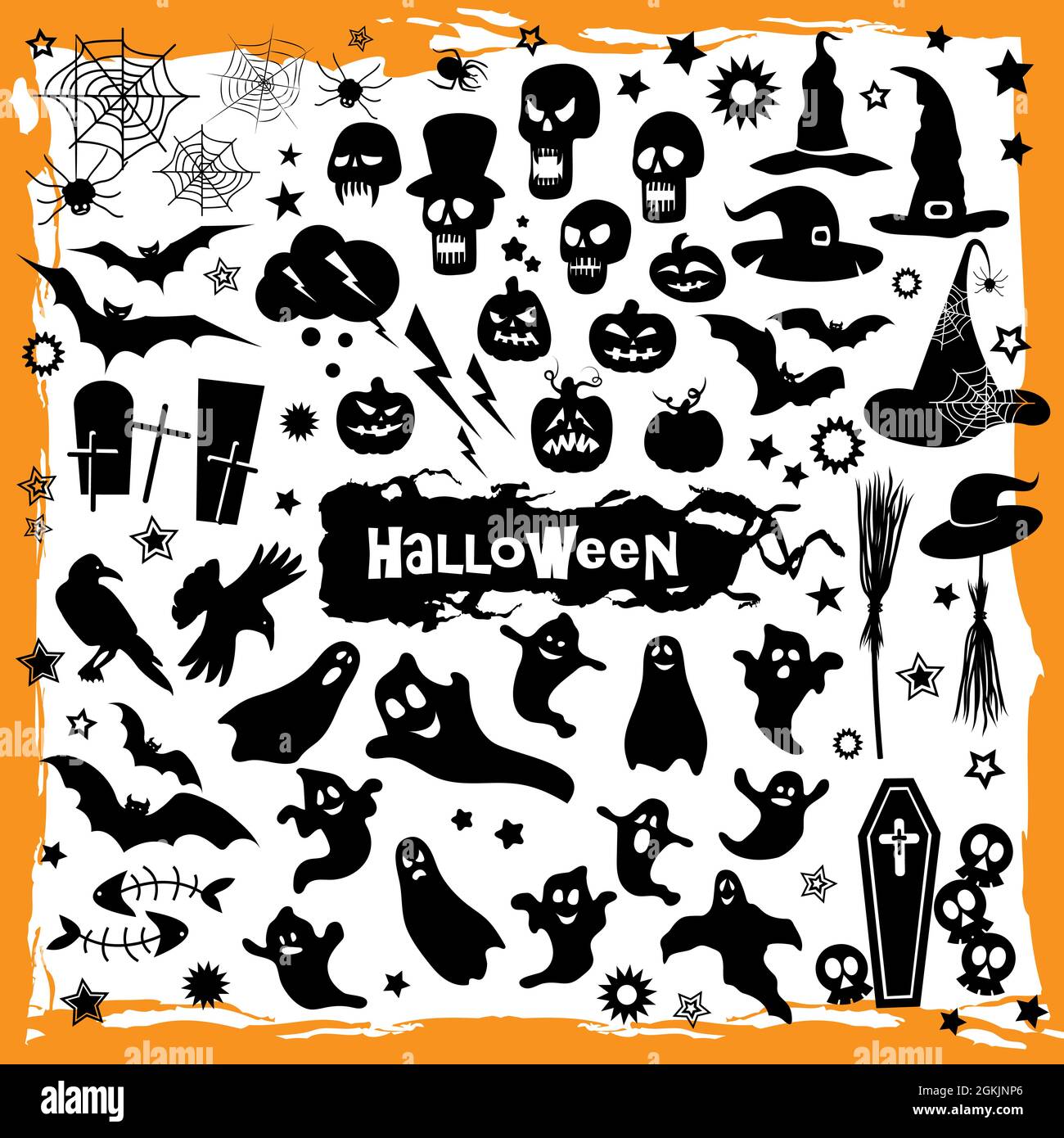 Halloween-Symbole auf weißem Hintergrund. Vektorgrafik. Stock Vektor