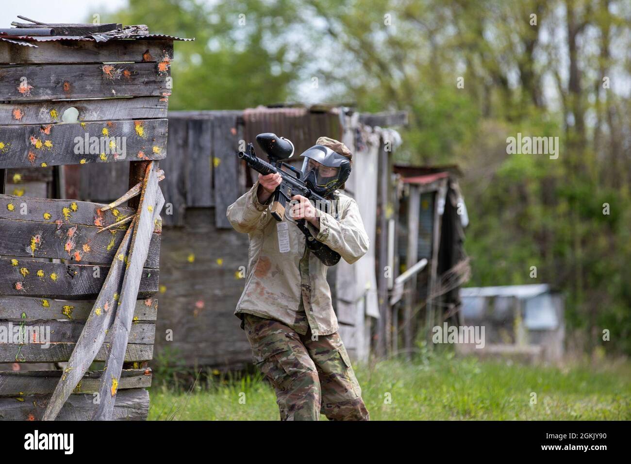 Die Einheiten des Burlington und Morehead Recruit Sustainment Programms mit Recruiting und Retention führten im Muscatatuck Urban Training Center grundlegende Infanterietaktiken und das Training der Truppenbewegung über Paintball-Iterationen durch. Ein Auszubildender schießt Paintballs bei der OPFOR. Stockfoto