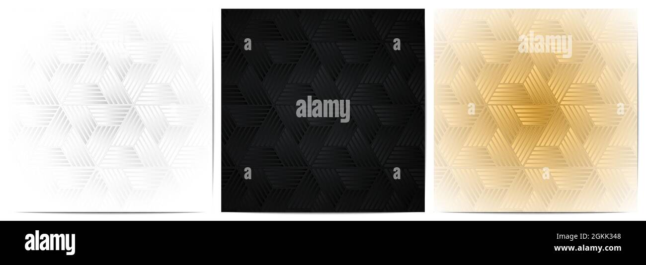 Set von abstrakten geometrischen Muster mit polygonalen Form elegant aus schwarz, weiß und Gold Hintergrund Stock Vektor