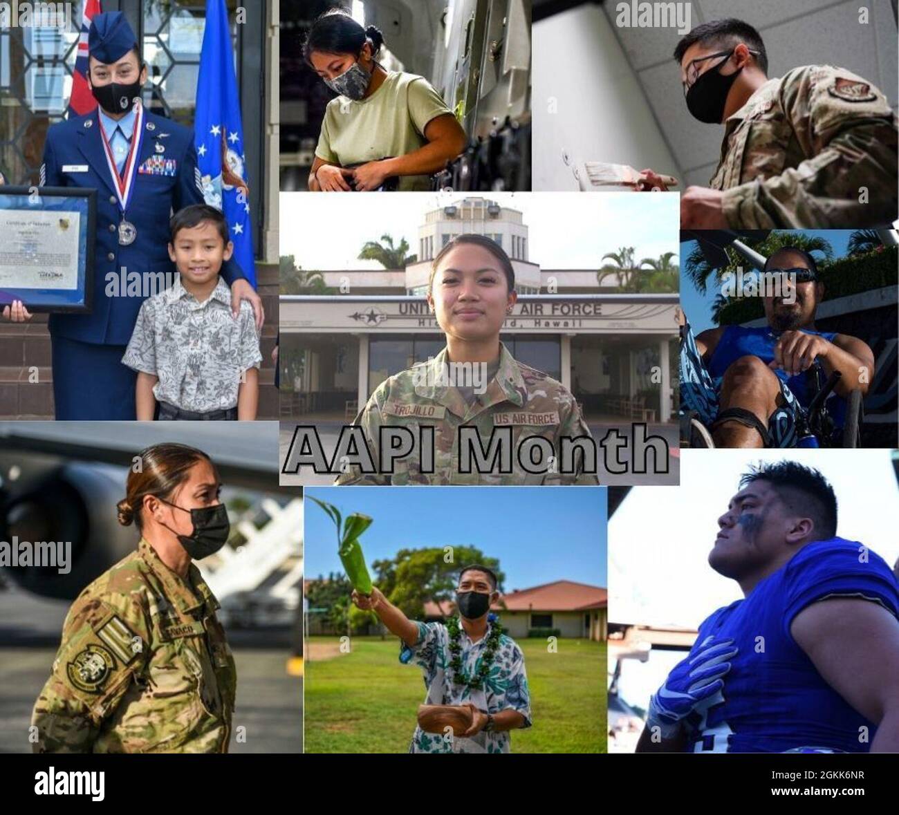 Der 15. Flügel feiert den „Asian American Pacific Islander Heritage Month“ und hebt seine AAPI-Mitglieder auf der Joint Base Pearl Harbor-Hickam, Hawaii, 12. Mai 2021, hervor. Seit 1977 wird der Monat Mai als Anerkennung für die Erfolge und Beiträge der asiatischen Amerikaner und der pazifischen Inselbewohner zur amerikanischen Geschichte bezeichnet. Stockfoto