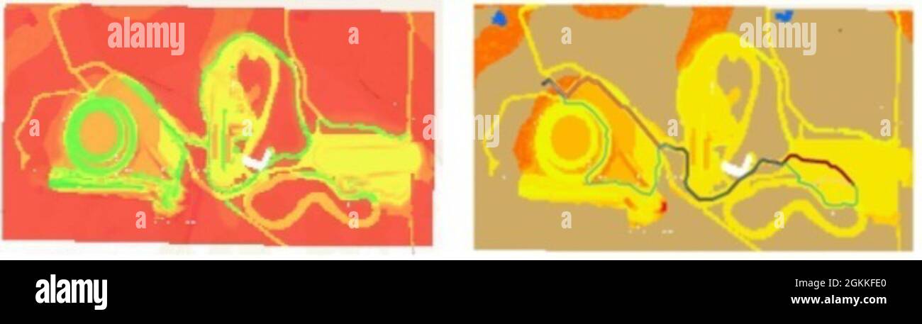 Einer der wichtigsten Ergebnisse des NATO Reference Mobility Model (NG-NRMM) der nächsten Generation ist eine datenreiche, grafische, kartenbasierte Darstellung von Geländetypen und wie gut oder schlecht ein Fahrzeug dieses Gelände durchqueren kann. Im linken Bild stellt das grün gefärbte Gelände ein Gelände dar, auf dem sich das Beispielfahrzeug schnell bewegen kann, während dunkleres, rotfarbenes Gelände langsamer zu durchqueren ist. Auf der rechten Seite berechnet der NG-NRMM einen „besten Weg“ für Fahrzeuge, die Gelände durchqueren. Der NG-NRMM ist ein hochoriginalgetreues, rechnergestütztes Modell, das zeigt, wie gut sich ein bestimmtes Fahrzeug über Gelände bewegen kann, und liefert so eine Kommunikation Stockfoto