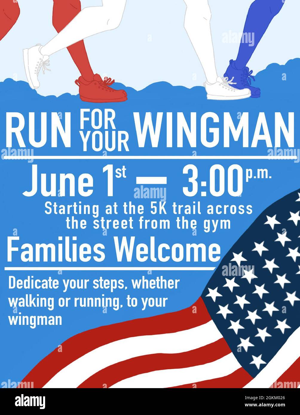 Das „Run for Your Wingman“-Poster wurde für eine Veranstaltung auf dem Luftwaffenstützpunkt Grand Forks, N.D., angefertigt Das Event war ein Lauf, bei dem Airman für einen Grund ihrer Wahl laufen oder laufen konnte. Stockfoto