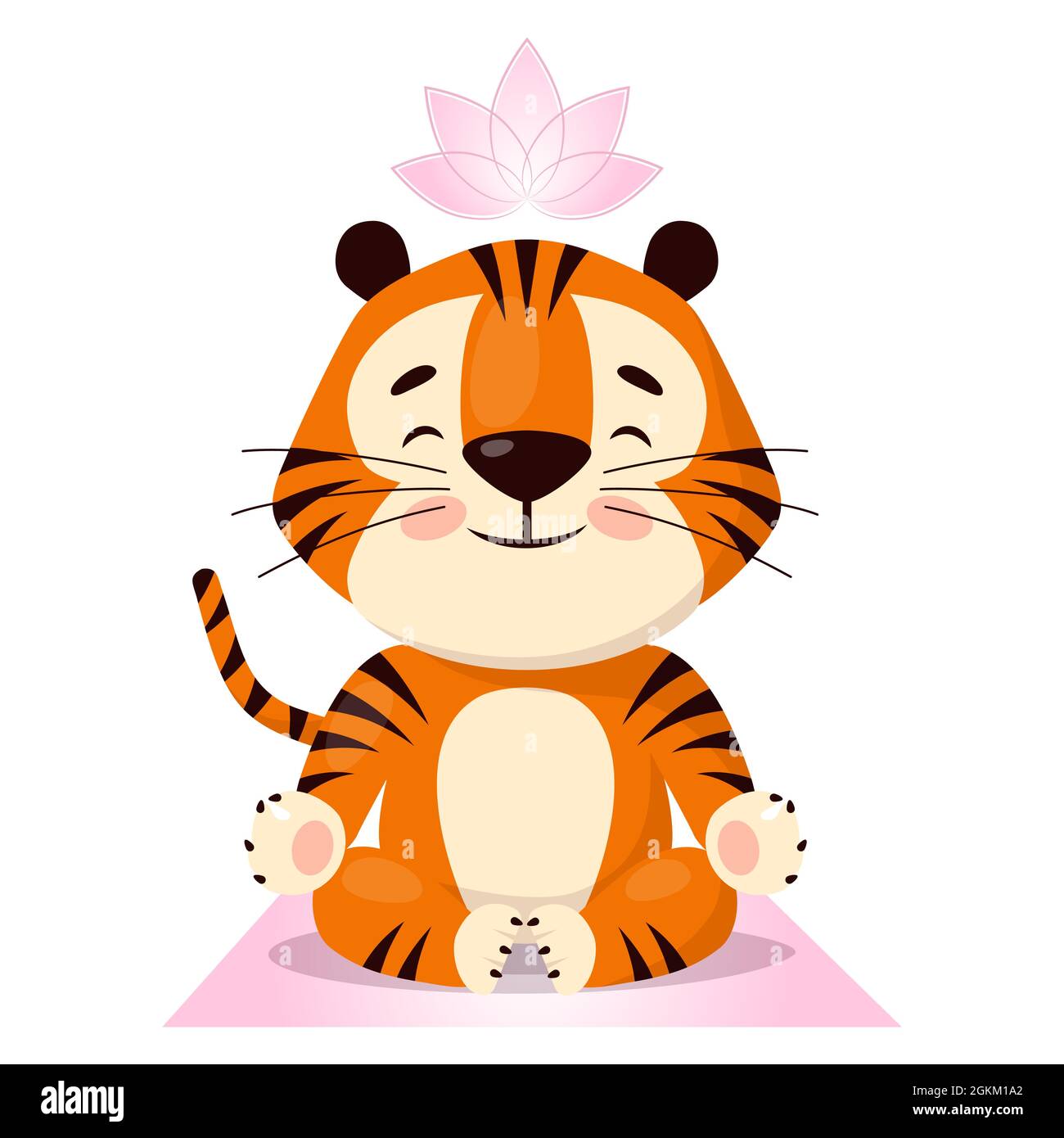 Niedlicher Cartoon-Tiger, der Yoga macht, sitzt in Lotus-Pose. Symbol von 2022, Jahr des Tigers. Vektordarstellung auf weißem Hintergrund isoliert. Stock Vektor