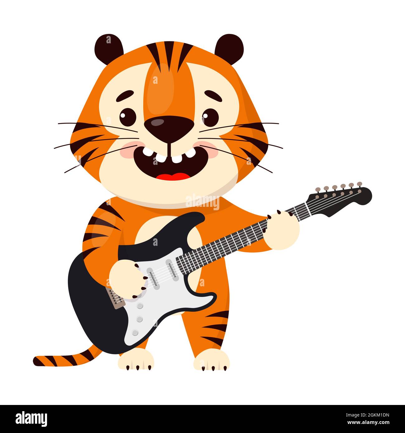 Niedliche Cartoon Tiger spielt die E-Gitarre. Symbol von 2022, Jahr des Tigers. Vektordarstellung auf weißem Hintergrund isoliert. Stock Vektor