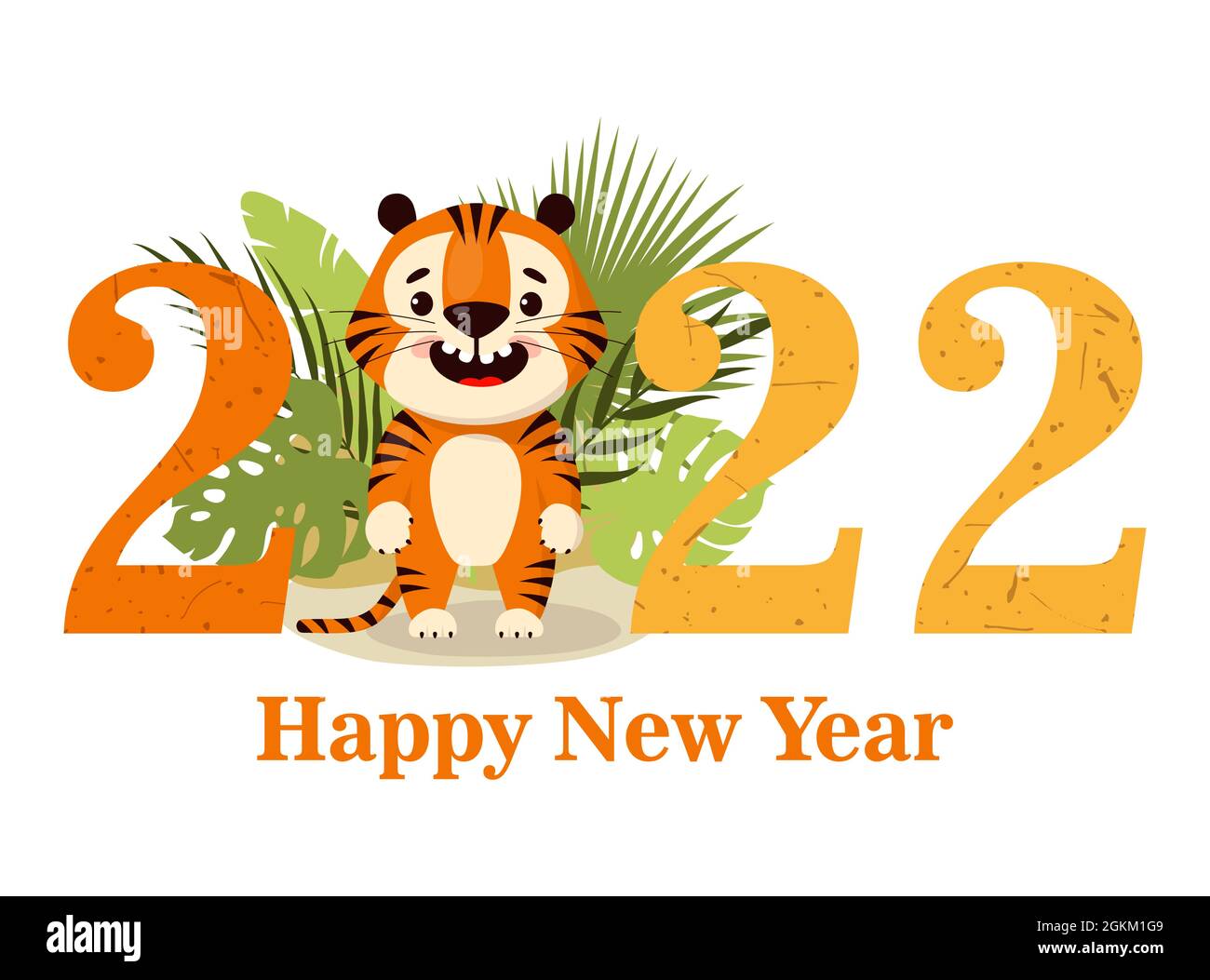 Frohes neues Jahr 2022, Chinesisches Neujahr, Grußkarte mit niedlichen Cartoon Tiger, Vektor-Illustration. Stock Vektor