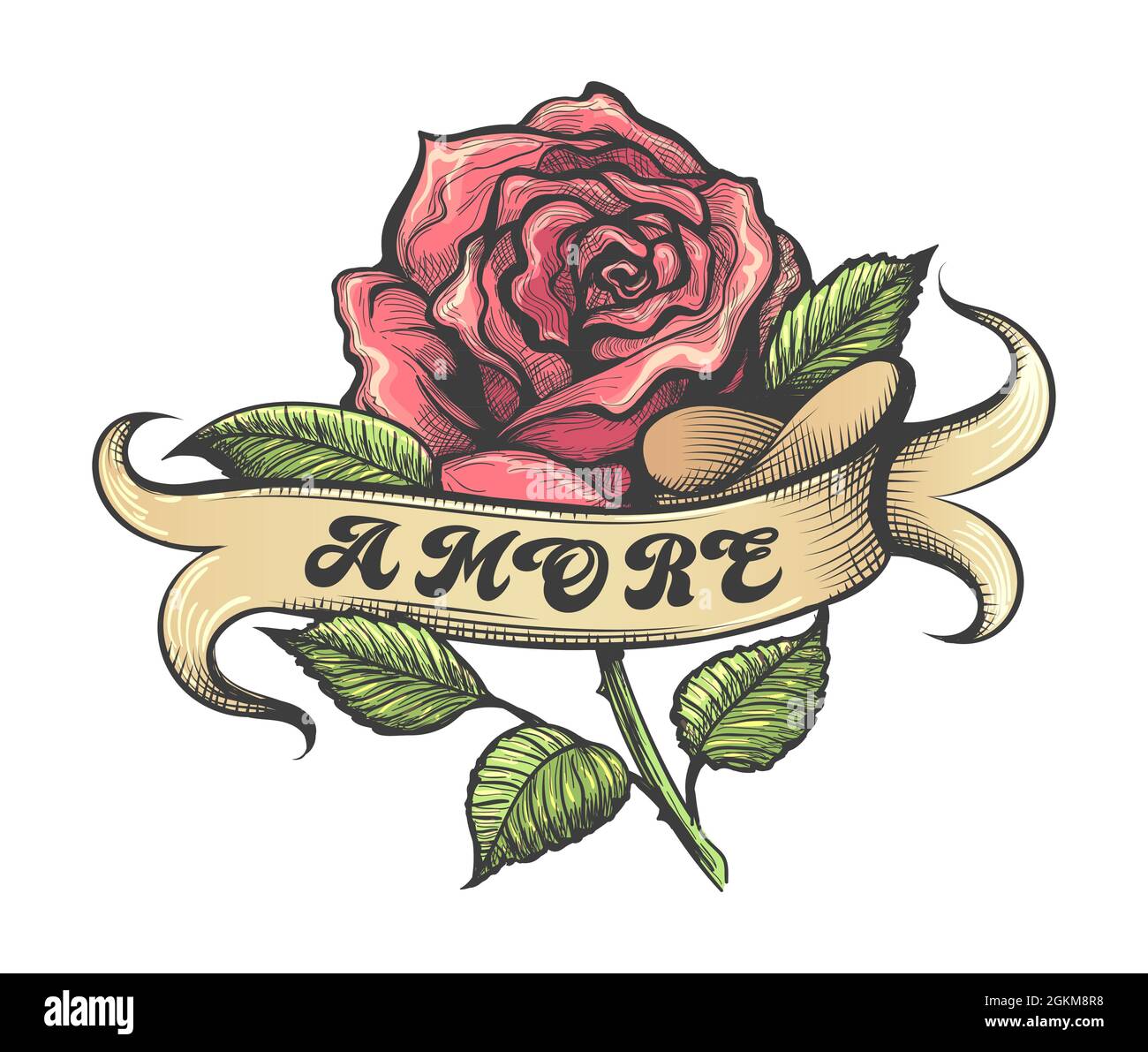 Tattoo von roter Rose und Banner mit italienischem Schriftzug Amore, was  Liebe bedeutet, isoliert auf Weiß. Vektorgrafik Stock-Vektorgrafik - Alamy