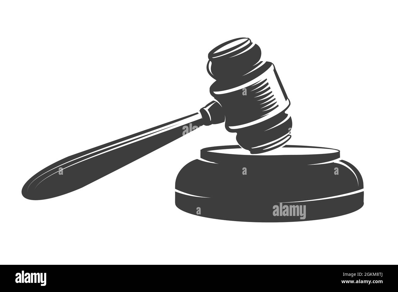 Monochromes Emblem des Richtergavels. Recht und Gerechtigkeit Konzept in Gravur Stil isoliert auf weiß gezeichnet. Vektorgrafik Stock Vektor