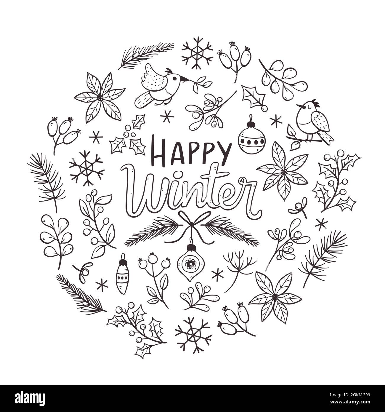 Handgezeichnete Winterkarte mit Winterblumen, Zweigen und weihnachtsdekoration. Doodle-Vektor-Illustration mit isolierten Elementen. Stock Vektor