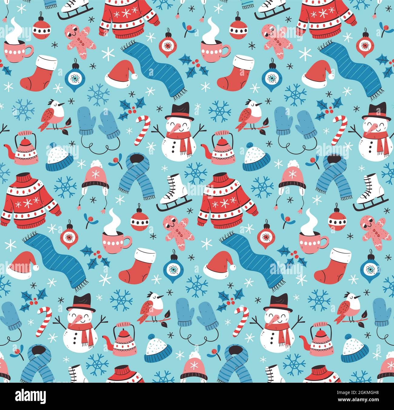 Farbenfrohes, nahtloses Wintermuster mit Winterelementen. Winterkleidung, Schneemann, Vögel, Blätter und weihnachtsdekoration. Handgezeichnete Vektorgrafik Stock Vektor