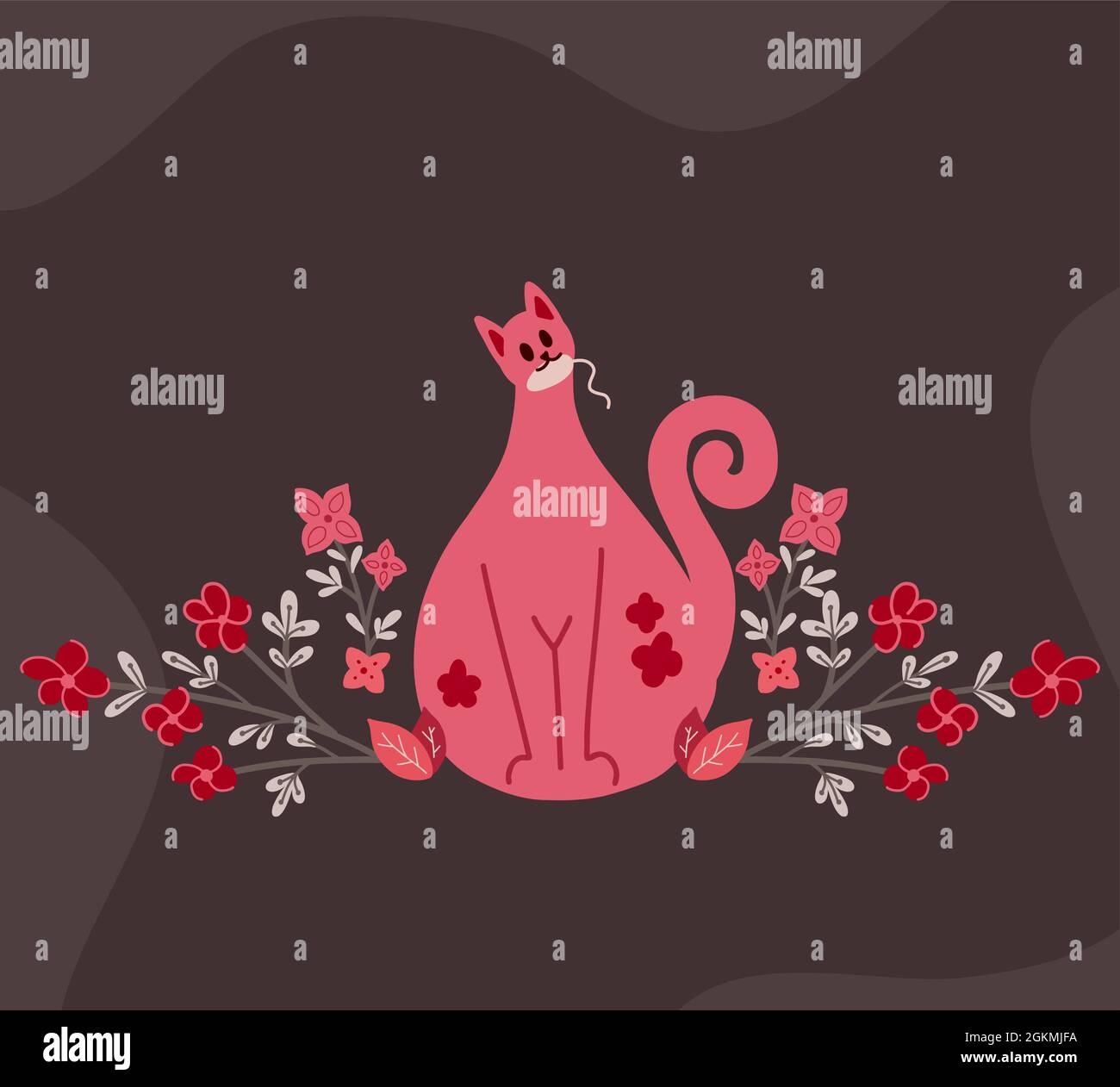Niedliche rosa Katze mit Maus Spielzeug und Blumen auf den Zweigen auf braunem Hintergrund. Zarte flache Illustration des Spieltieres mit Blumenmuster. Vektor d Stock Vektor