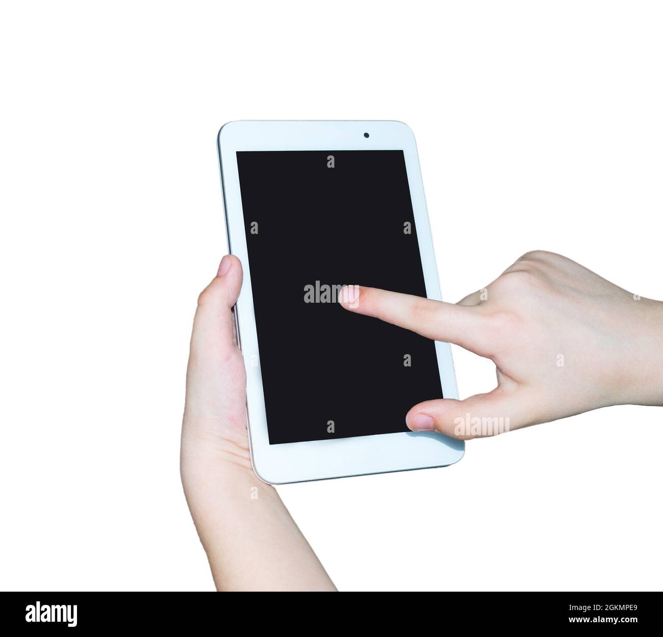 Touchscreen Tablet-PC-Gadget in den Händen des Kindes, isoliert auf weißem Hintergrund Stockfoto