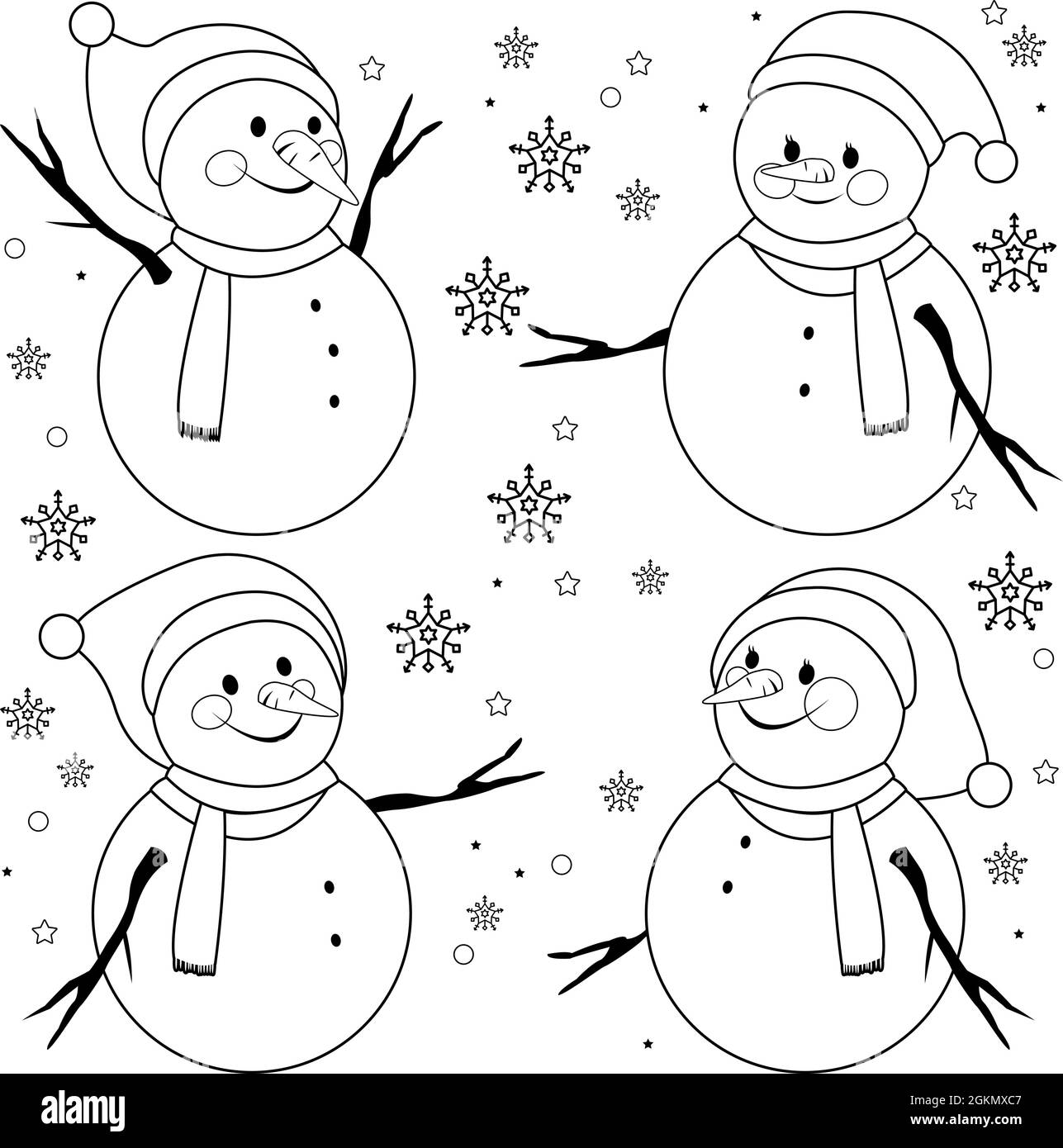 Schneemänner mit Weihnachtsmützen und -Schal. Vektor schwarz-weiß Malseite. Stock Vektor