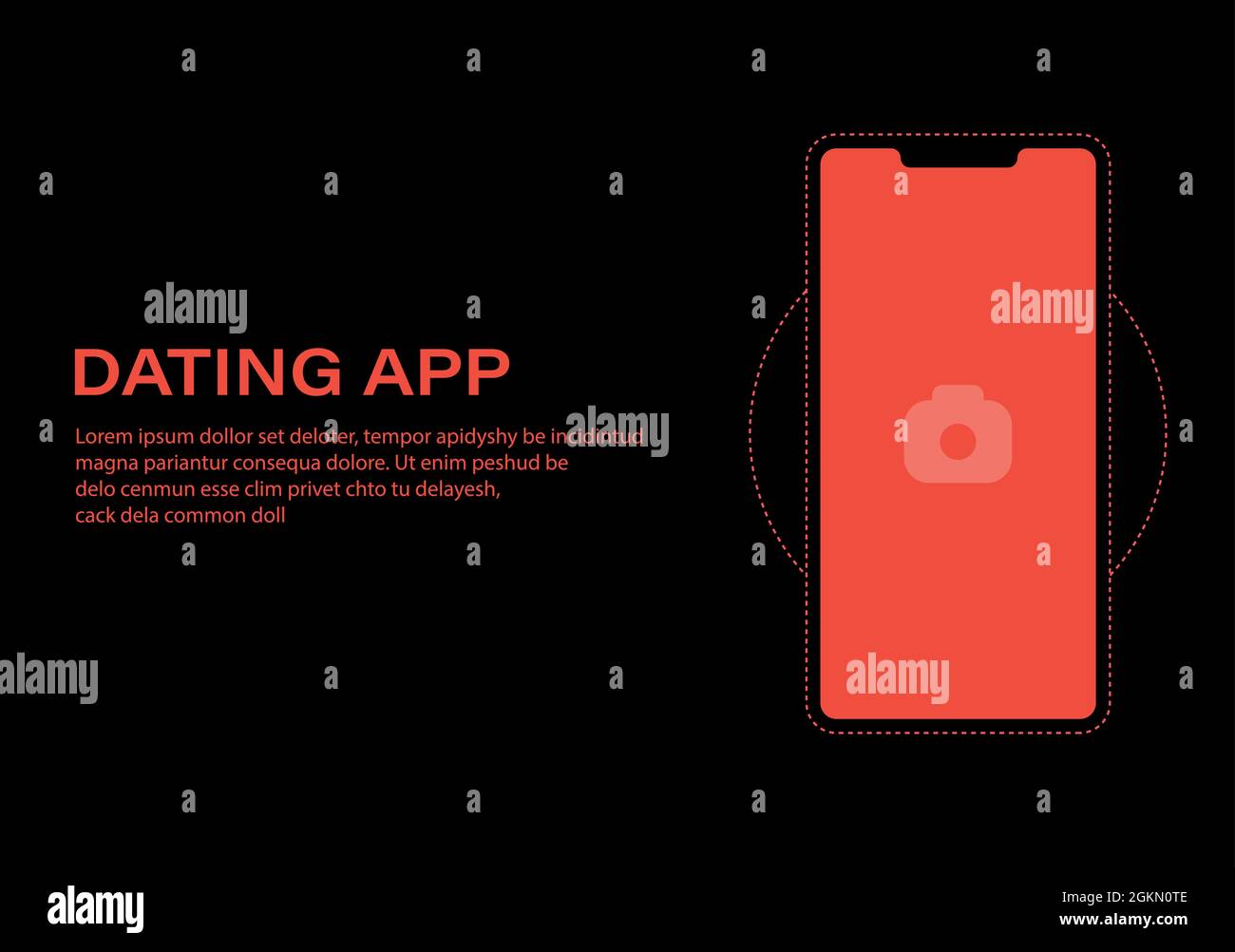 Mobile Dating App UI und UX Alternative Trendy Concept Vector Mockup in Red Color Theme auf rahmenlosen Smartphone-Bildschirm isoliert auf dunklem Hintergrund Stock Vektor