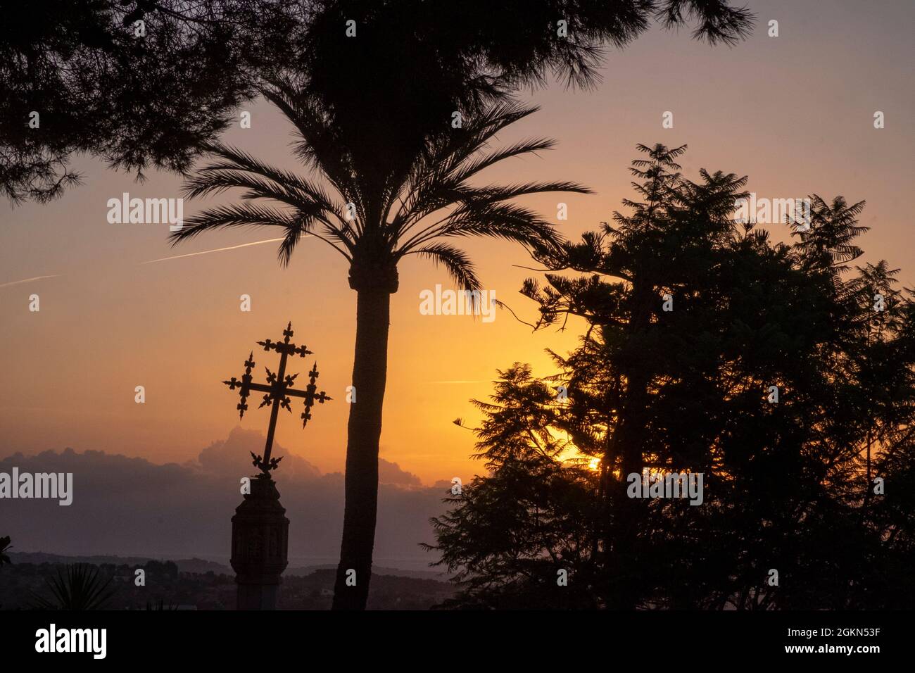 Kreuz und Palme gegen den Morgenhimmel, Selva, Mallorca, Spanien Stockfoto