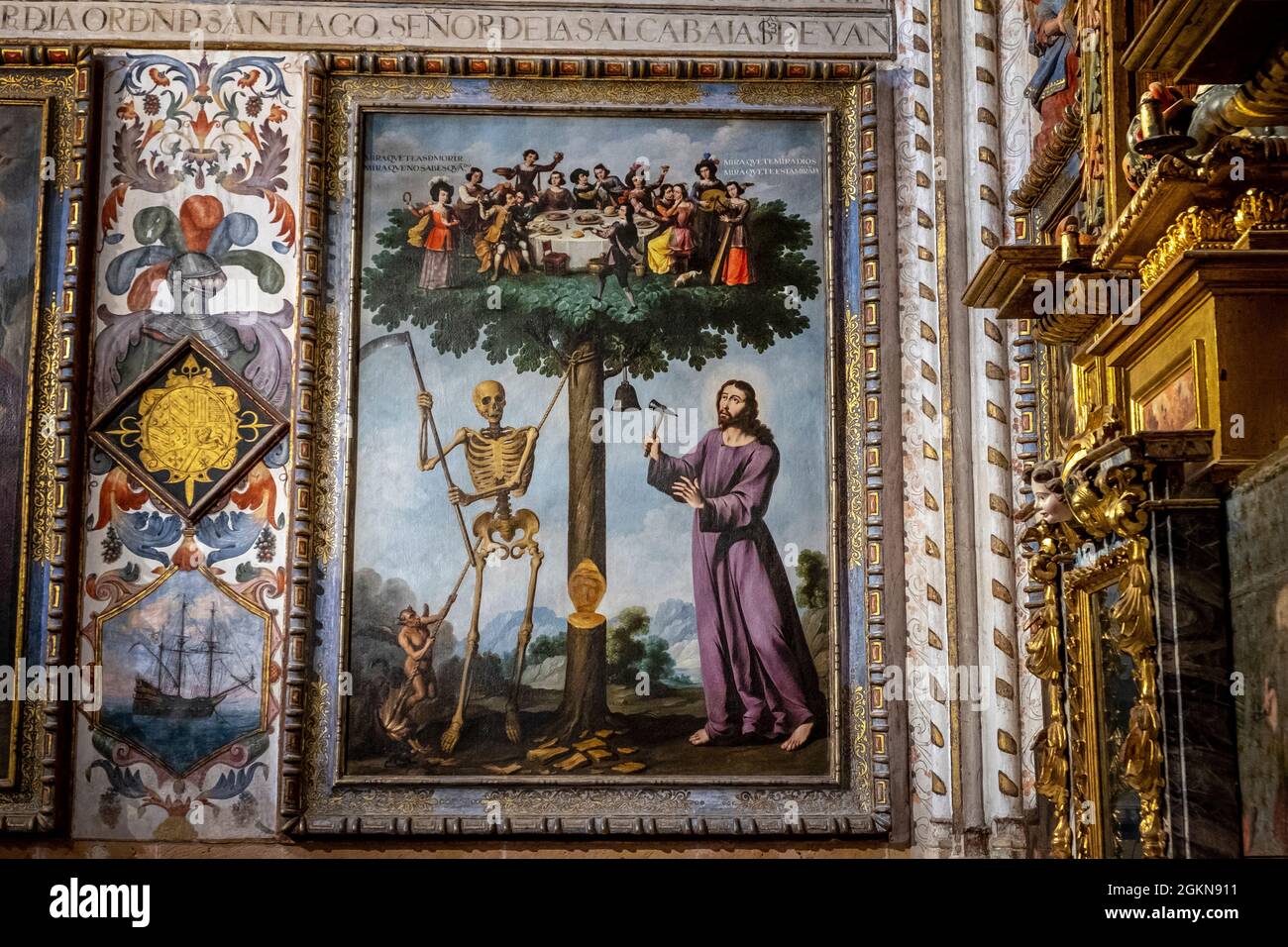 Allegorische Gemälde von Jesus und einem Skelett, das einen Baum abhackt, Memento Mori, Kathedrale von Segovia, Spanien Stockfoto