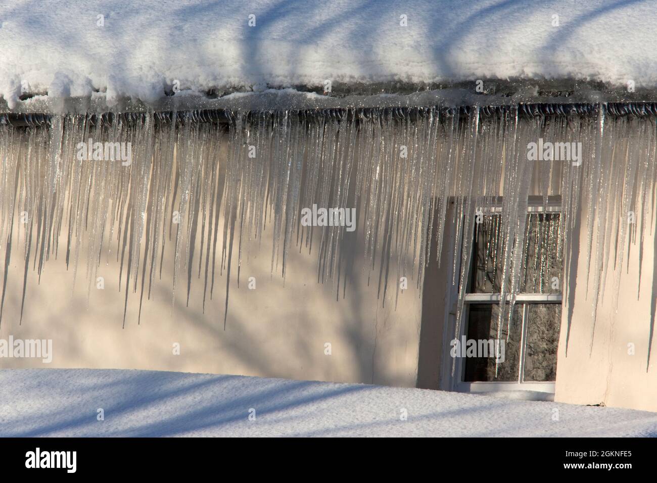 Eiszapfen am Haus im Winter Kälteeinbruch, UK Stockfoto