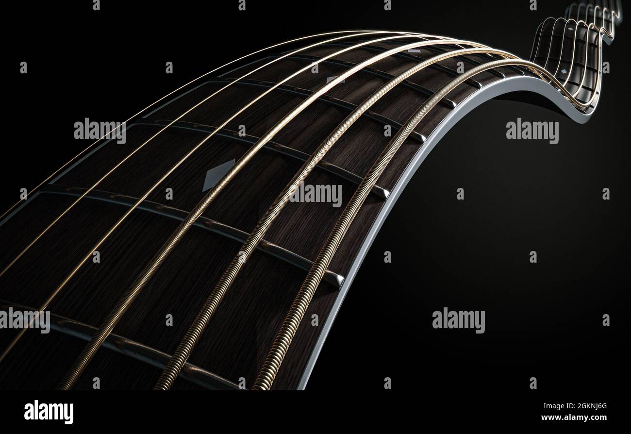 Ein surreales Konzept einer wellenförmigen Nahaufnahme eines dunklen hölzernen Griffbretts mit Gitarrenhals und Saiten in Perspektive - 3D Render Stockfoto