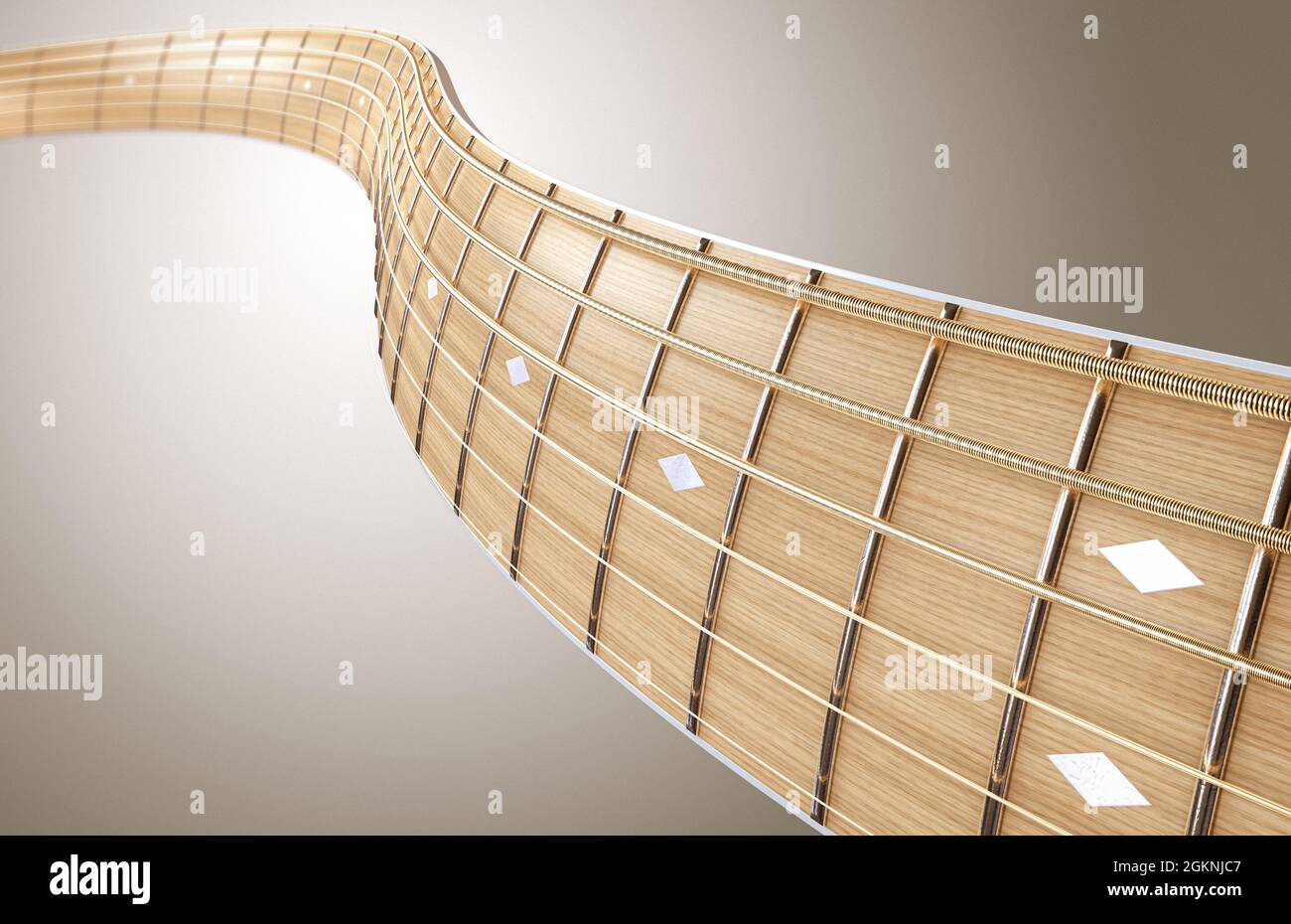 Ein surreales Konzept einer wellenförmigen Nahaufnahme eines leichten Holzgitarrenhalses Griffbrett und Saiten in Perspektive - 3D Render Stockfoto