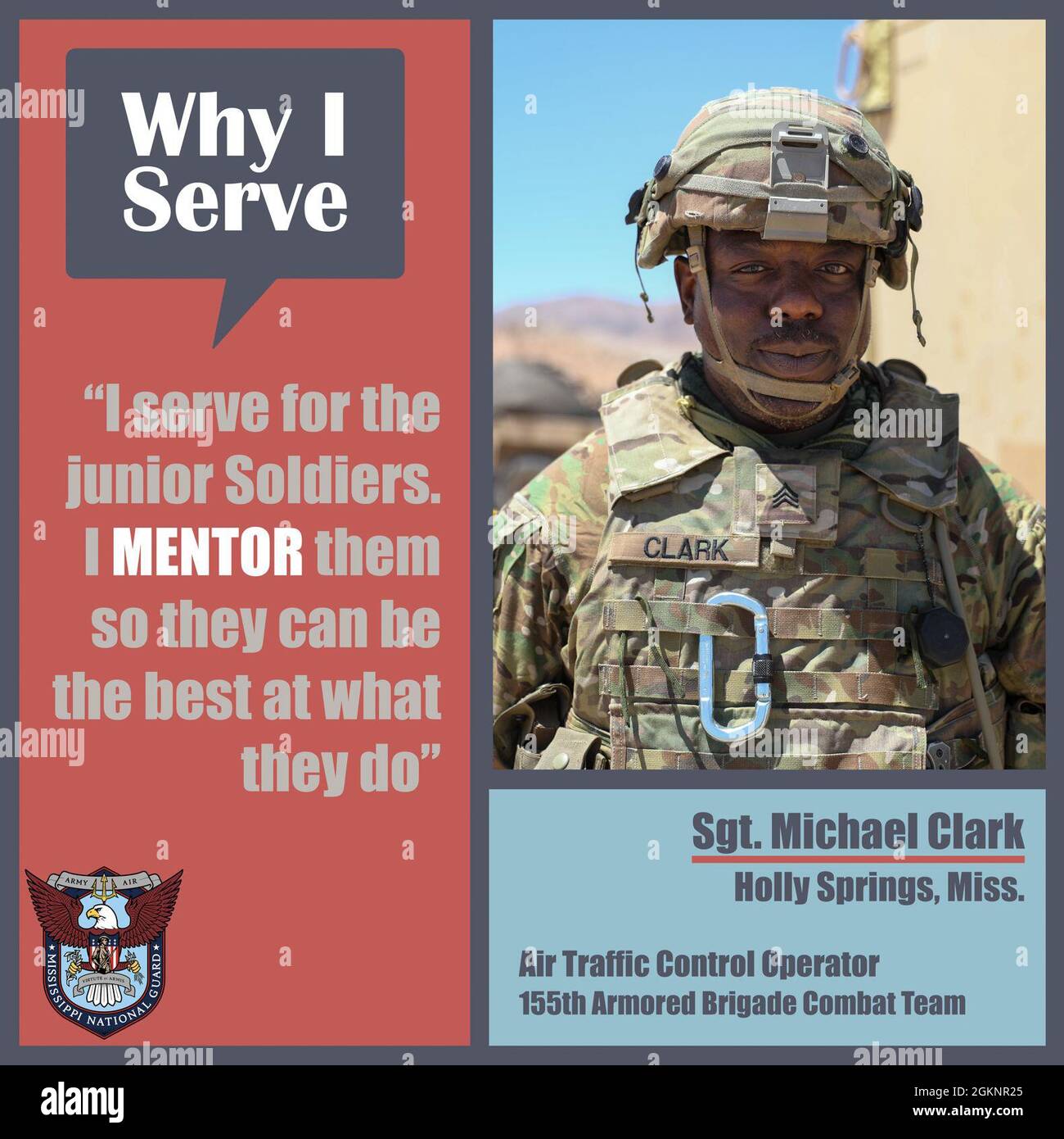 Sgt. Michael Clark, Kampfteam der 155. Panzerbrigade, erklärt, warum er in der Nationalgarde der Mississippi-Armee dient. Clark stammt aus Holly Springs, Mississippi. (Grafische Illustration der Mississippi Army National Guard von SPC. Benjamin Tomlinson) Stockfoto