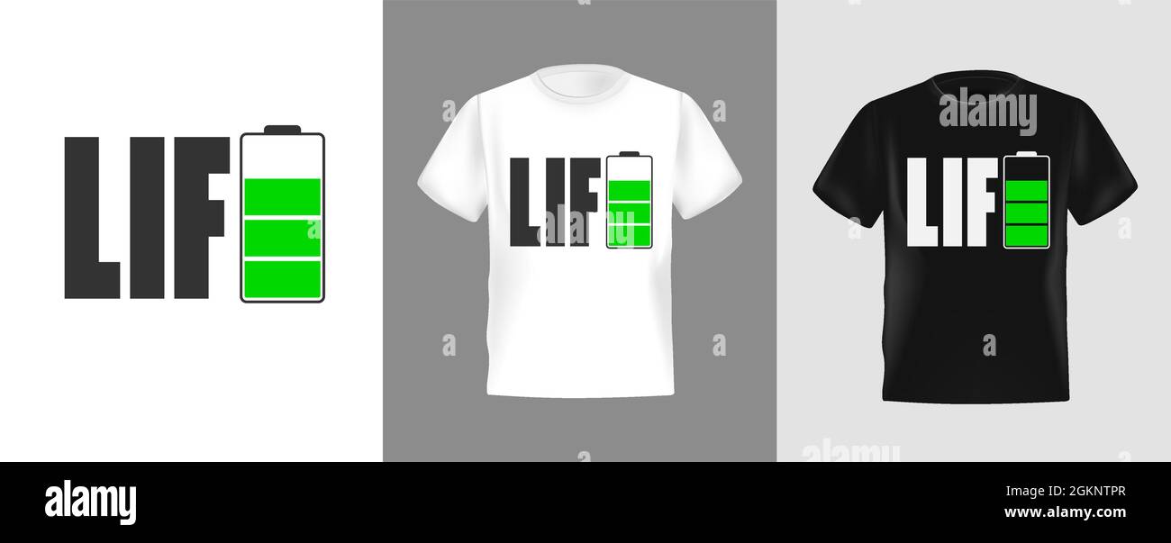 Symboldesign für den Energieakku für T-Shirt, Vektorgrafik. Geeignet für Bekleidungsdruckerei. Stilvolles T-Shirt- und Bekleidungsdesign. Lebensbuchstabe Stock Vektor