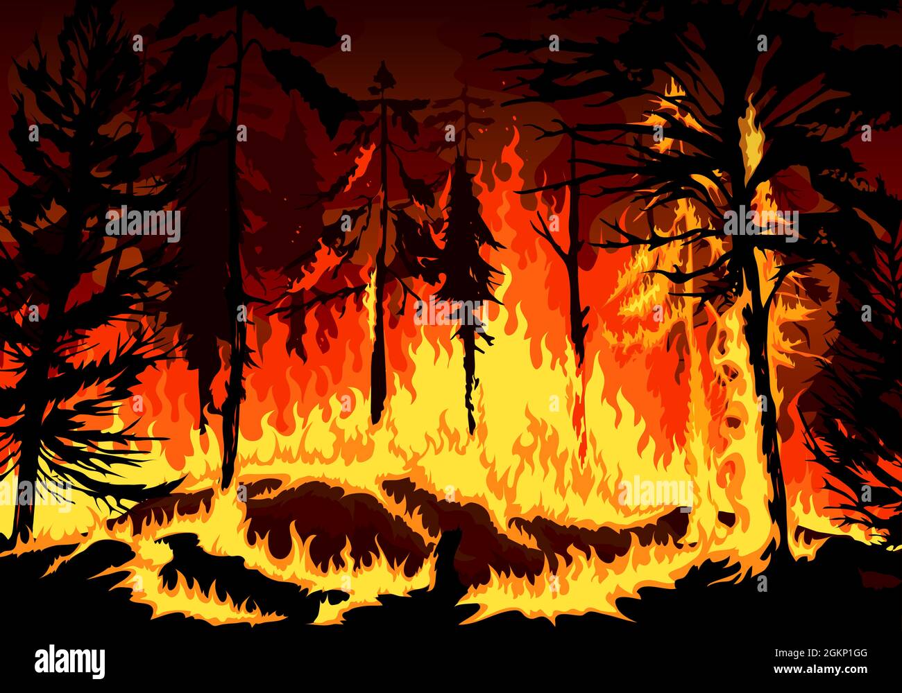 Kiefernwald Feuer, Waldbrand Gefahr Katastrophe mit brennenden Bäumen, Gras und Sträuchern, Vektor Hintergrund Naturkatastrophe von brennenden Wald in Flammen, Natur-und Umwelt-Ökologie Katastrophe Stock Vektor