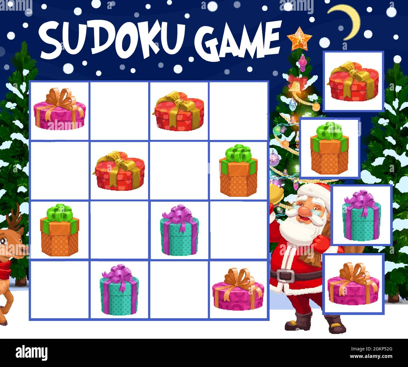 Kinder Sudoku Spiel mit Weihnachtsgeschenke Boxen. Kind Winterferien Rätsel,  Kinder Puzzle Labyrinth mit eingewickelten und dekorierten Geschenke,  Weihnachtsmann und Rentier Charaktere, Weihnachtsbaum Cartoon-Vektor  Stock-Vektorgrafik - Alamy