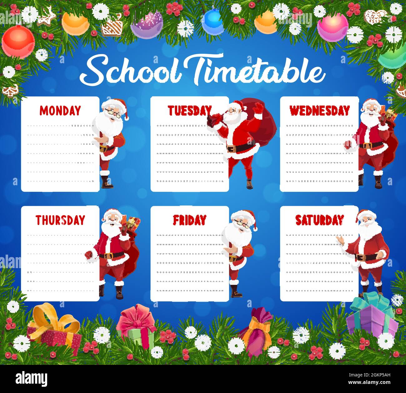Stundenplan der Weihnachtsschule für Kinder, Stundenplan für Kinder mit Weihnachtsmann und Weihnachtsschmuck. Vorlage für den Winterurlaub für Kinder. Santa Charakter mit Geschenken, Weihnachtsbaum Spielzeug Cartoon-Vektor Stock Vektor