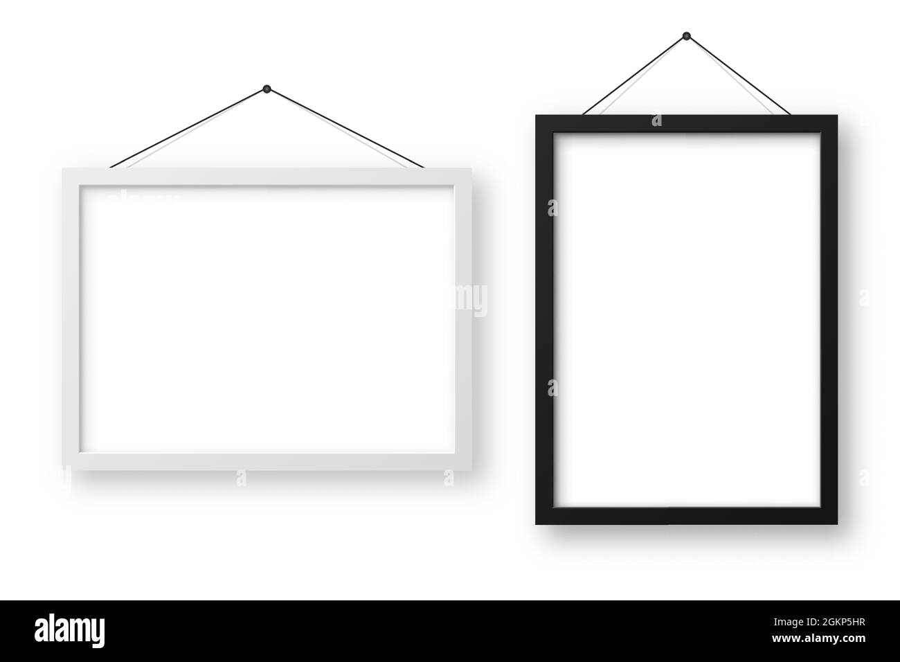 Realistische Schwarz-Weiß-Bilderrahmen mit Schatten. Hängen an einer Wand blank Poster mockup. Leerer Fotorahmen. Vektorgrafik. Stock Vektor