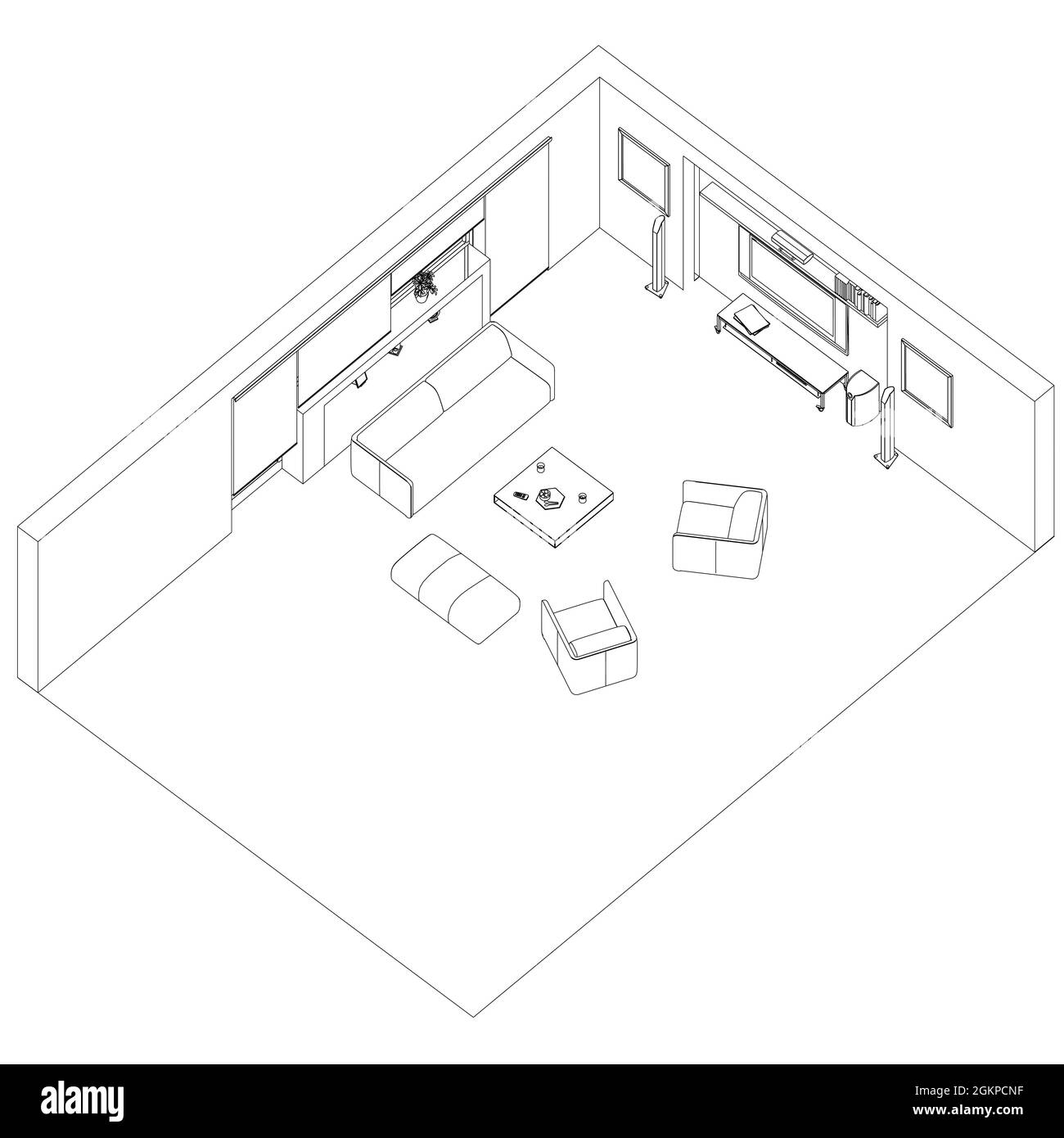 Innenausstattung mit Sesseln, Sofa und Tisch. Gästezimmer zur Entspannung. Isometrische Ansicht. Vektorgrafik. Stock Vektor