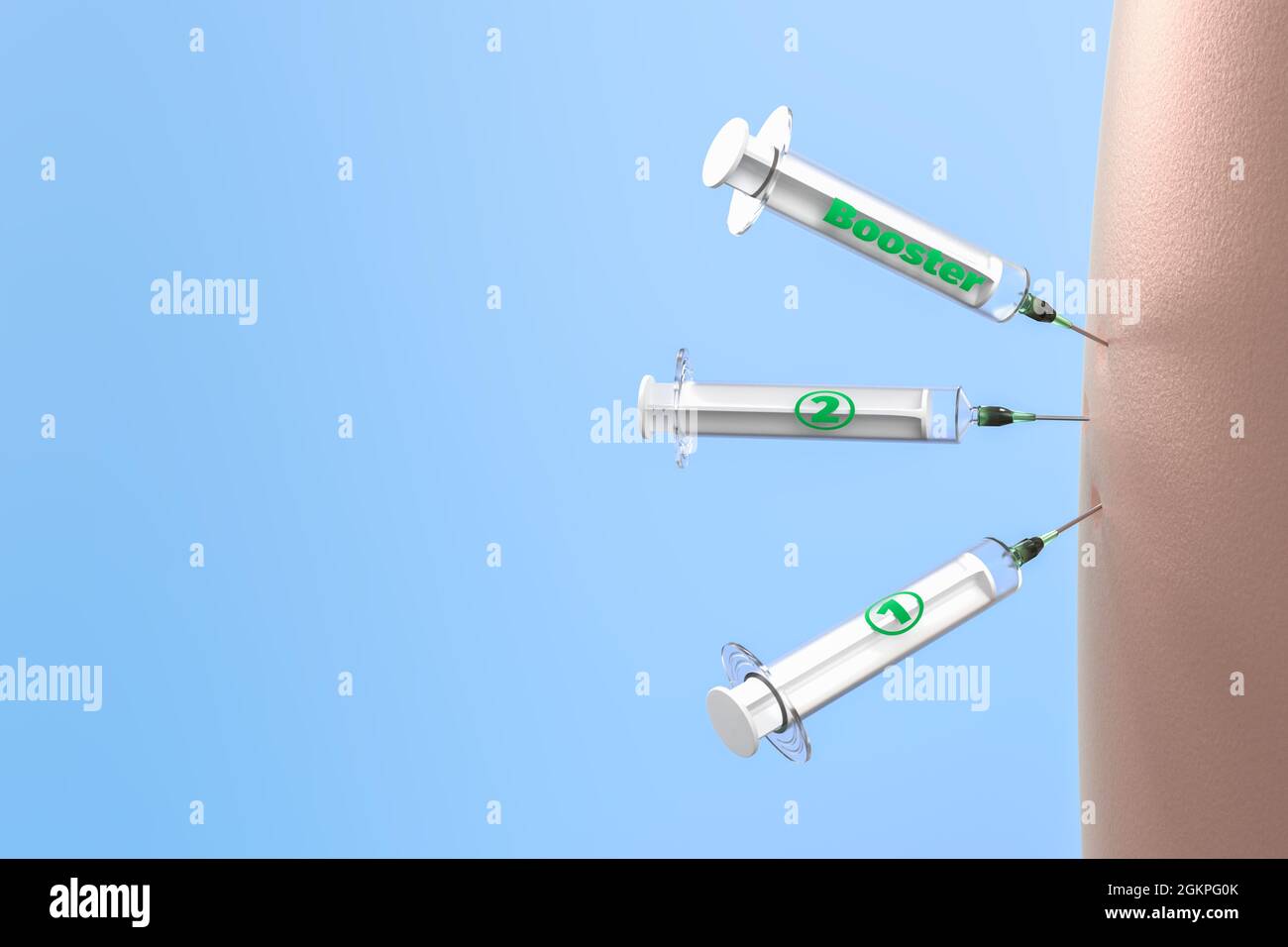 COVID-19 Impfstoffverstärker Shot-Konzept. Drei Spritzen mit den Bezeichnungen 1, 2 und Booster kleben in einem Arm. 3d-Rendering Stockfoto