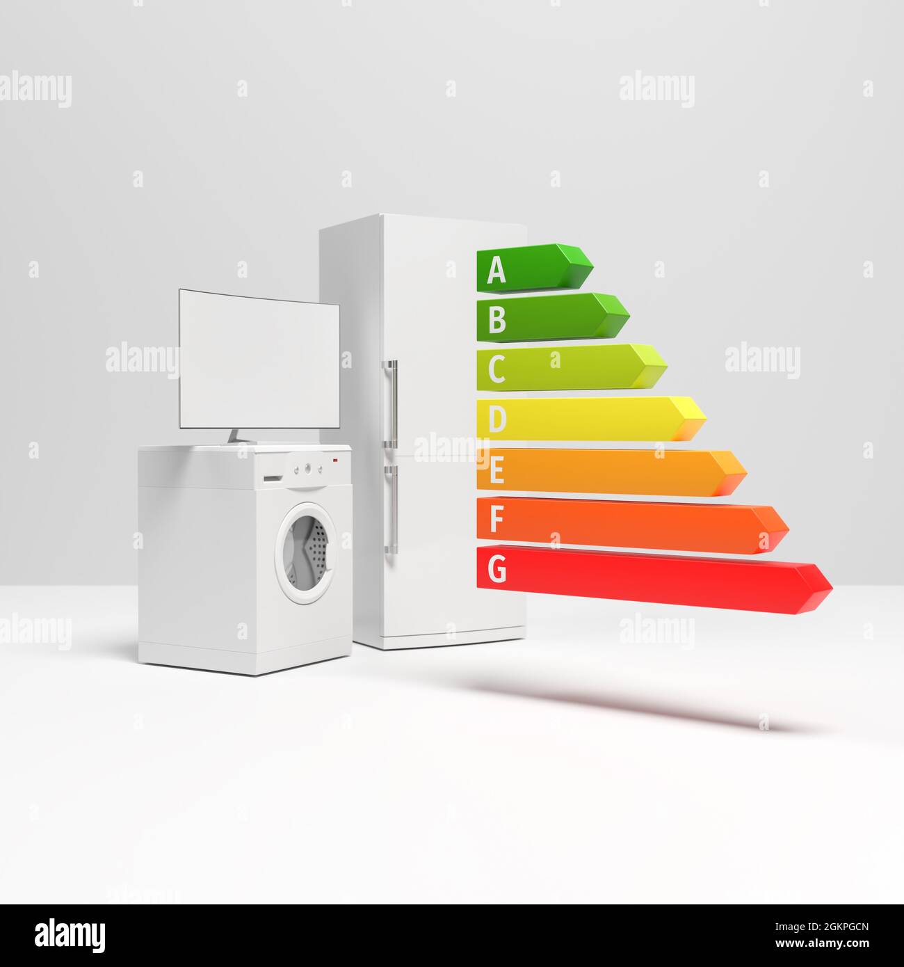 Konzept für das neue europäische Energielabel für Haushaltsgeräte wie Waschmaschine, Kühlschrank und Fernseher. Stockfoto