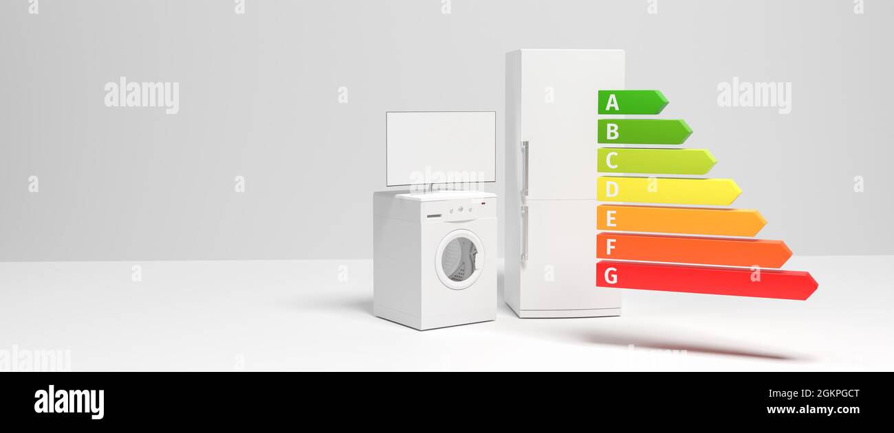 Konzept für das neue europäische Energielabel für Haushaltsgeräte wie Waschmaschine, Kühlschrank und Fernseher. Webbanner-Format Stockfoto
