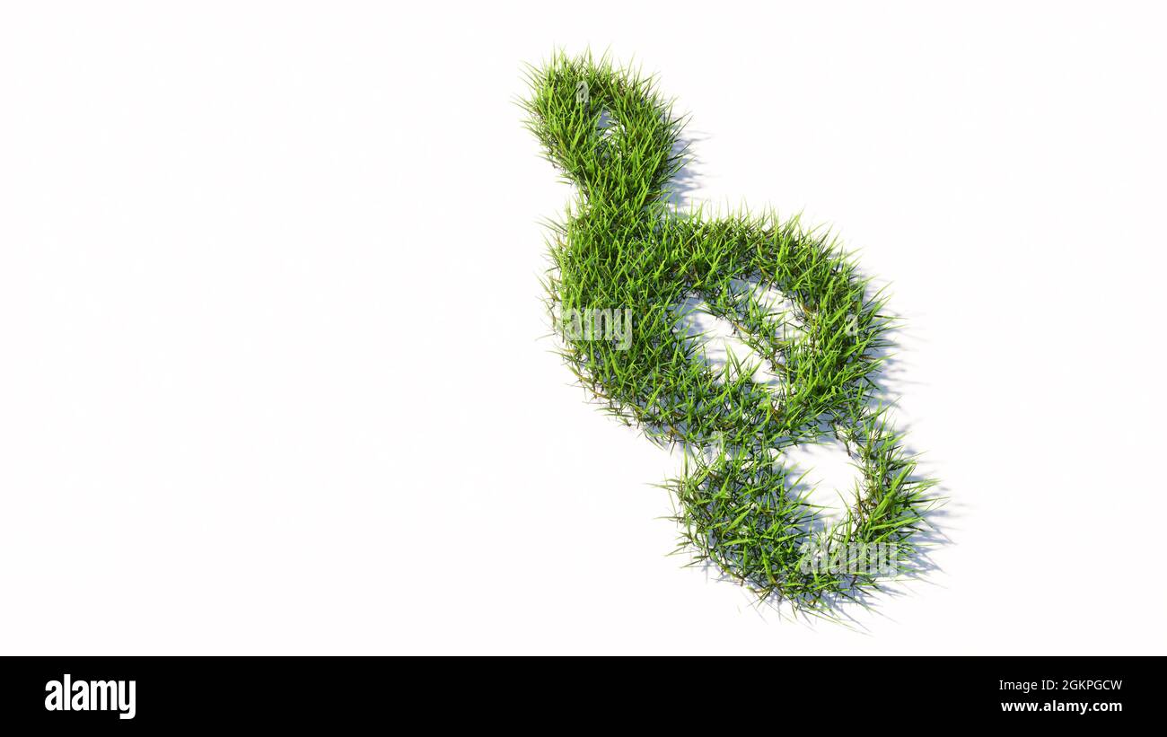Konzept oder konzeptuelle grüne Sommer Rasen Gras Symbol Form isoliert weißen Hintergrund, Zeichen einer musikalischen Note. 3D Illustration Metapher für Musik, Konz Stockfoto
