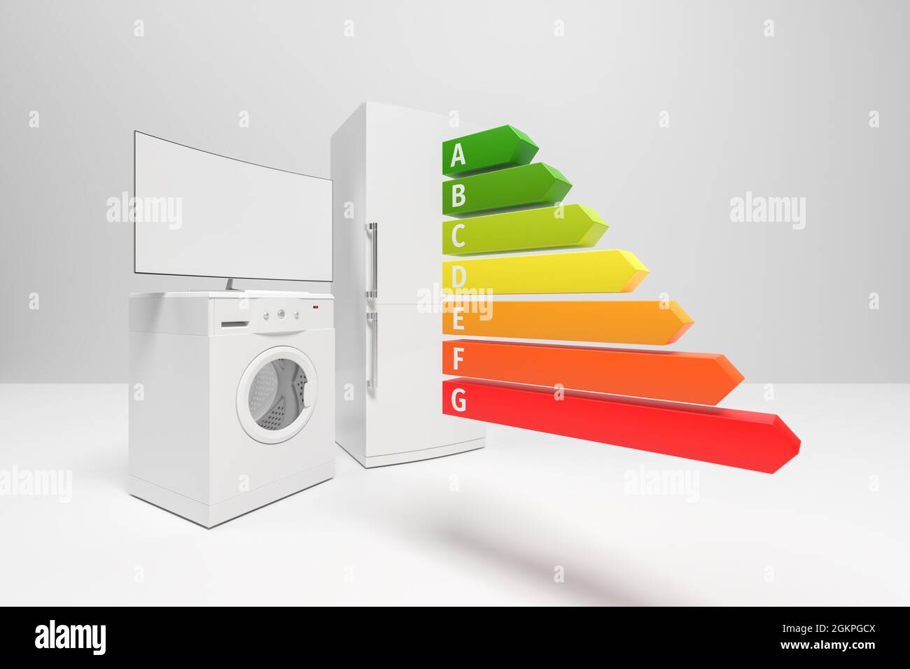 Konzept für das neue europäische Energielabel für Haushaltsgeräte wie Waschmaschine, Kühlschrank und Fernseher. Weitwinkelperspektive Stockfoto