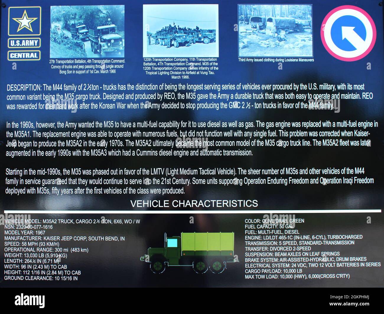 Ein Schild, das die Geschichte des M35A2-LKW zeigt, ist am 14. Juni vor dem neu eingerichteten statischen Display vor dem Fowler Hall-Hauptquartier des 1st Theatre Sustainment Command in Fort Knox, Kentucky, angebracht. Der Lastwagen wurde vollständig renoviert, als Hommage an zwei Träger der Ehrenmedaille, die im Vietnamkrieg beim 1. Logistischen Kommando Dienst leistete. Stockfoto