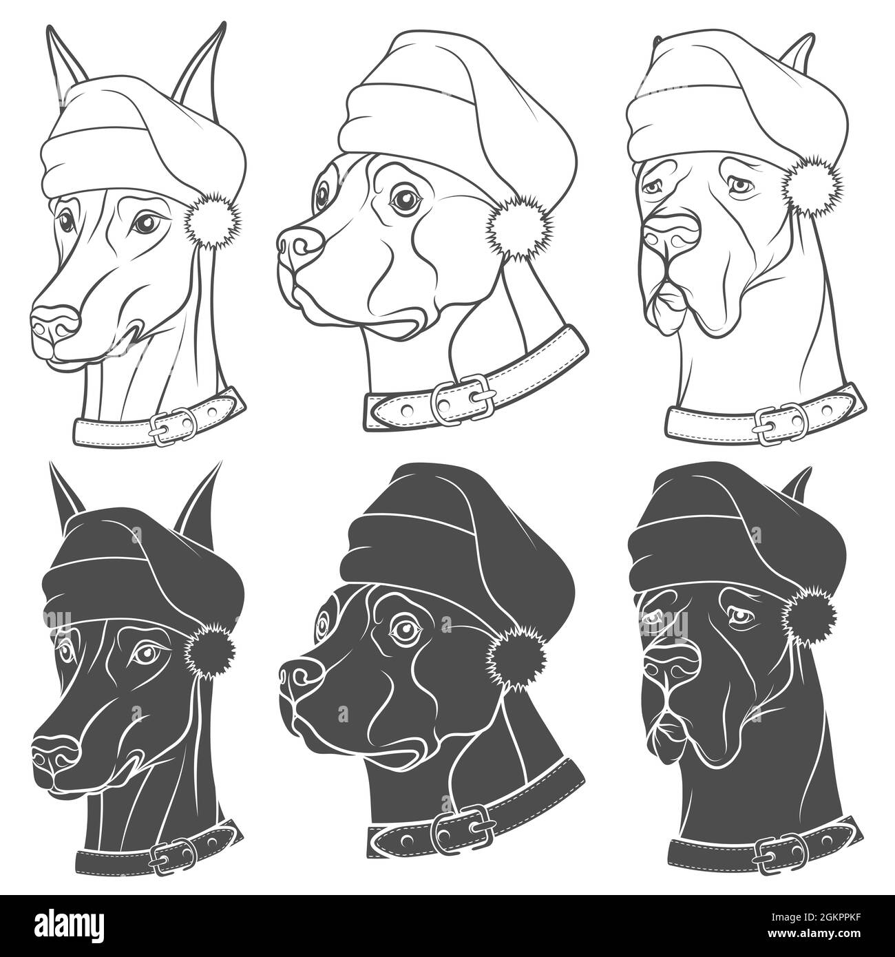 Set mit schwarz-weißen Illustrationen mit Hunden in Weihnachtsmützen. Isolierte Vektorobjekte auf weißem Hintergrund. Stock Vektor