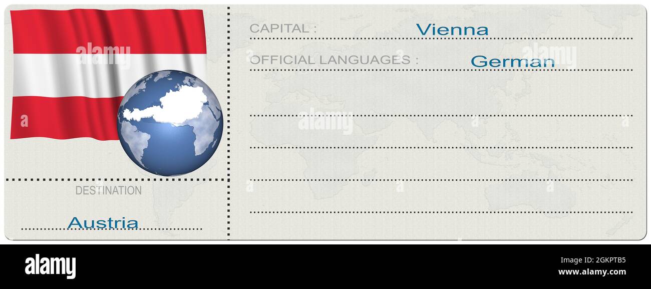 3D-Illustration. Österreich. Ziel. Ticket. Bordkarte. Isoliert auf weißem Hintergrund. Stockfoto