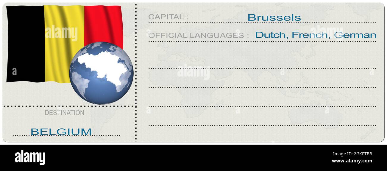 3D-Illustration. Belgien. Ziel. Ticket. Bordkarte. Isoliert auf weißem Hintergrund. Stockfoto