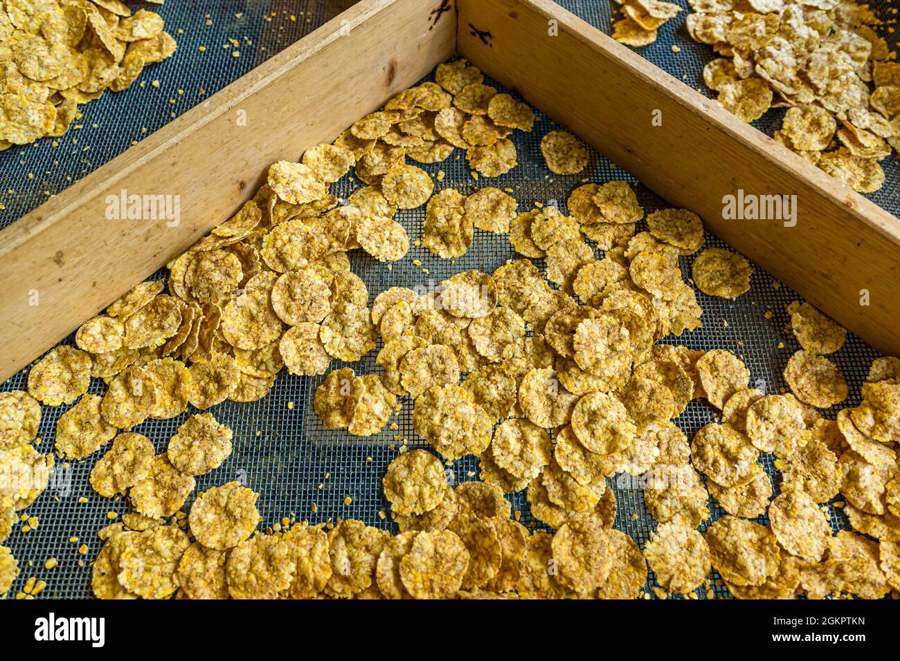 Leckere Chips werden von Farina Bona gepresst. Circolo d'Onsernone, Schweiz Stockfoto