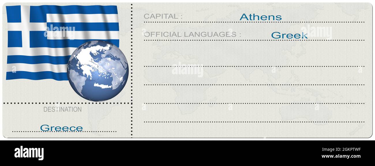 3D-Illustration. Griechenland. Ziel. Ticket. Bordkarte. Isoliert auf weißem Hintergrund. Stockfoto