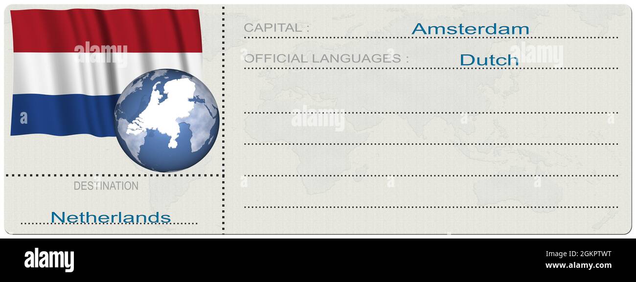 3D-Illustration. Niederlande, Holland. Ziel. Ticket. Bordkarte. Isoliert auf weißem Hintergrund. Stockfoto