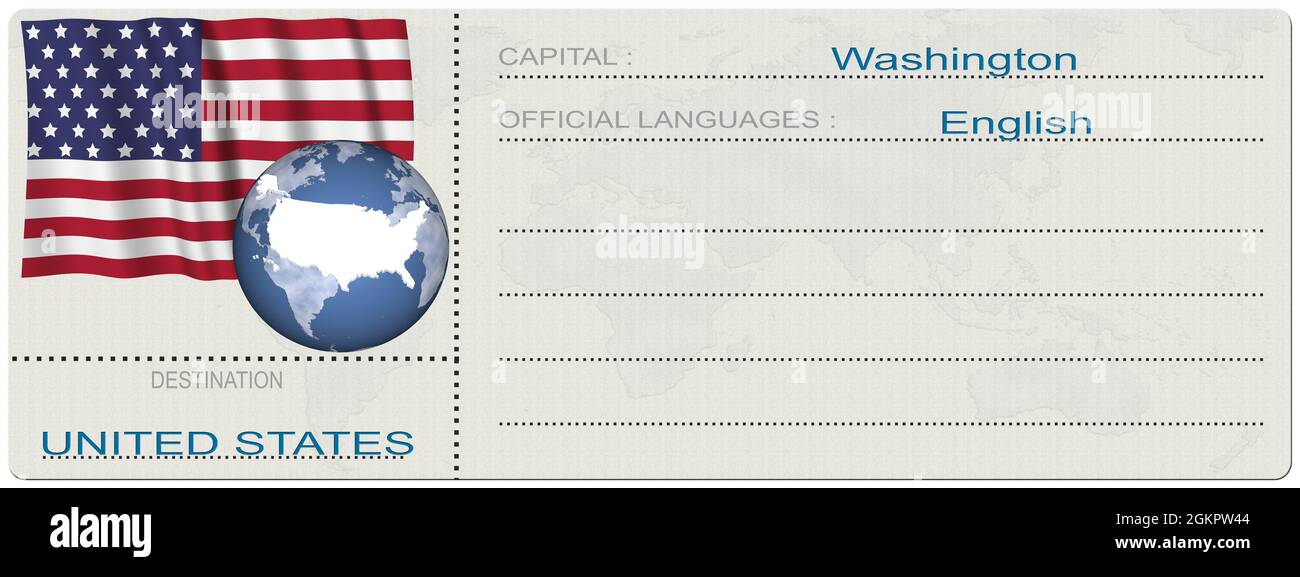 3D-Illustration. Vereinigte Staaten von Amerika. Ziel. Ticket. Bordkarte. Isoliert auf weißem Hintergrund. Stockfoto