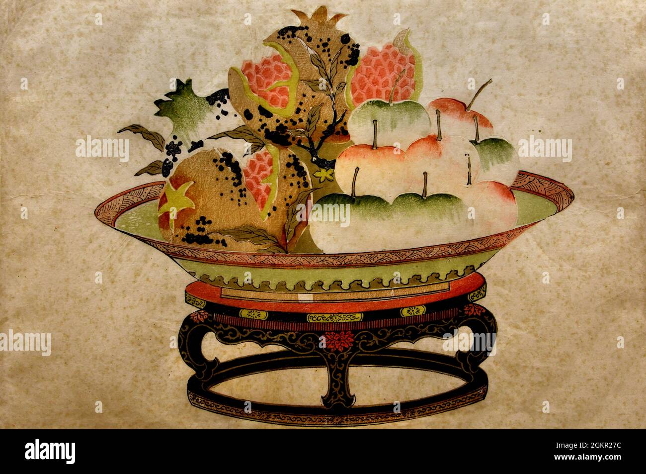 Granatäpfel und Äpfel in einer Schüssel, 1600-1699, China, Chinesisch, Holzschnitt, Holzschnitt, Print, Asien. Stockfoto
