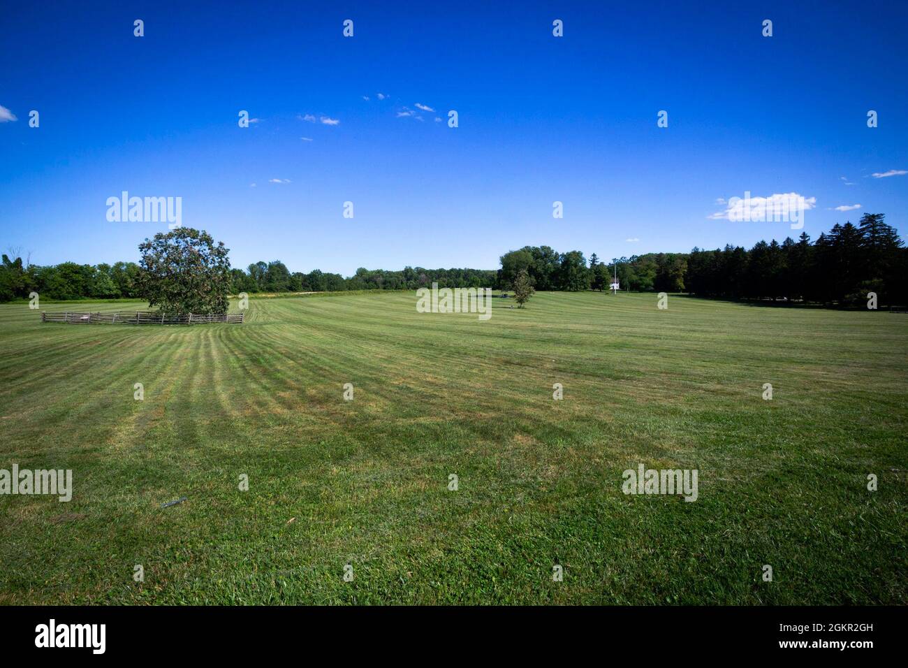 Blick auf den Princeton Battlefield State Park in Princeton, N.J., 16. Juni 2021. In der Schlacht von Princeton überraschten und besiegten die Soldaten der kontinentalen Armee und der Miliz unter der Führung von General George Washington britische Stammgäste am 3. Januar 1777. Die Schlacht beendete „die zehn entscheidenden Tage“, die mit der Überquerung des Delaware River vom 25. Bis 26. Dezember 1776 und den beiden Schlachten in Trenton begannen. Stockfoto