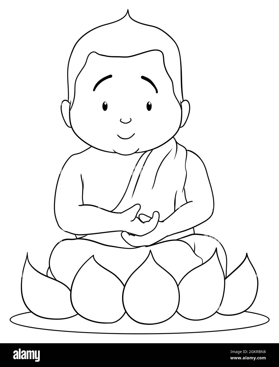 Niedlicher Säugling Buddha meditiert über Lotusblume. Version im Cartoon-Stil und Konturen zur Färbung. Stock Vektor