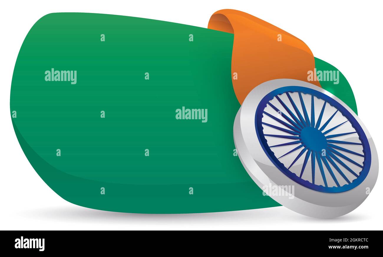 Schablonenschild mit Farben der indischen Flagge und Silbermedaille mit Ashoka Chakra-Symbol. Stock Vektor